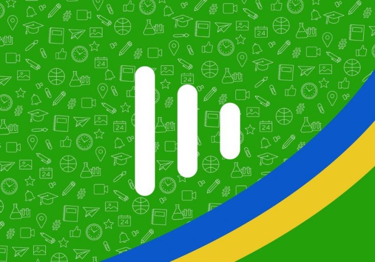 Green yellow and blue swoosh with three lines in the middle on top of school icons spread across the background