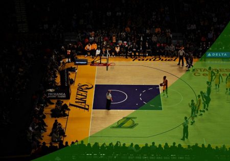 Photo with a lakers gym floor in the background and green swoosh on top