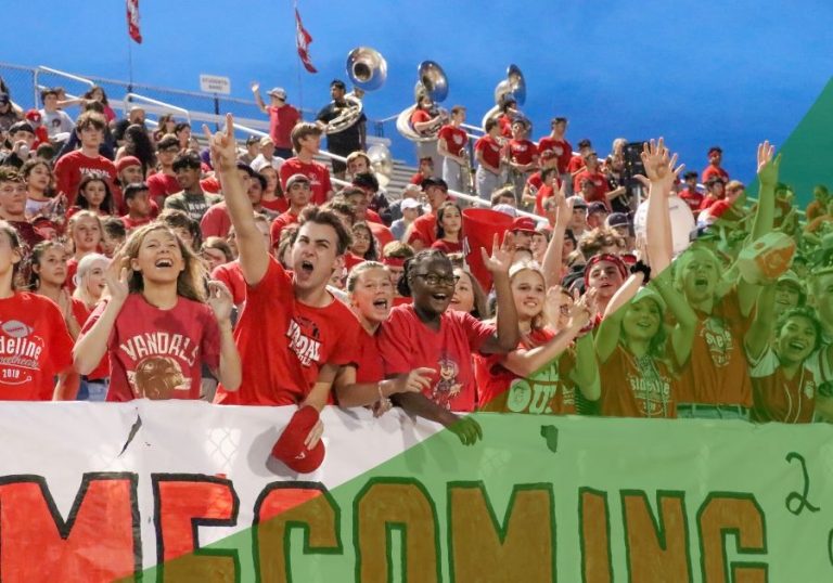 Photo of crowd at a football game with a green swoosh on top of photo