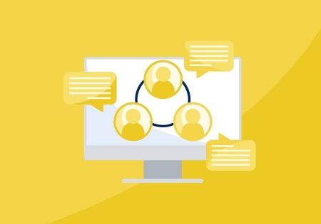 Illustration of computer with three people icons in a circle with chat boxes next to each person on top of a yellow background