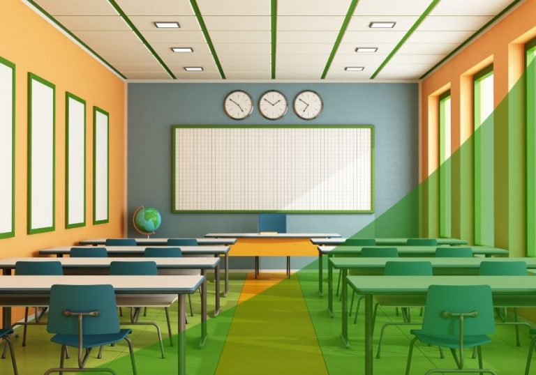 Empty classroom with chairs and white board at the front