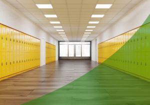 Empty hallway at school with yellow lockers and looking down to windows with a shade of green swoosh