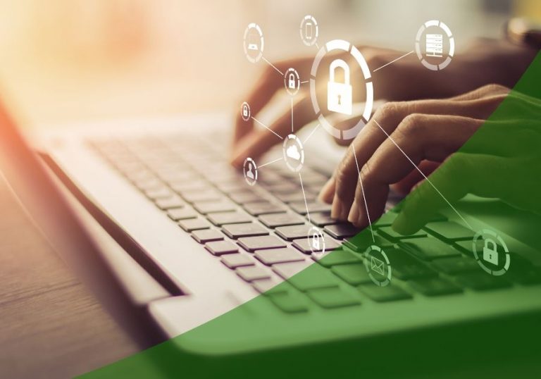 Person typing on their computer with digital icons showing lock icon