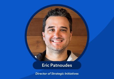 Picture of Eric Patnoudes with title of Director of Strategic Initiatives on top of green with a swoosh