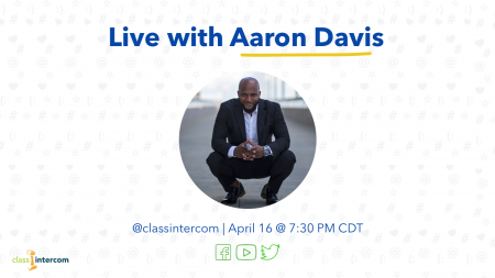 Live with Aaron Davis with a photo of him and the date with the social icons below