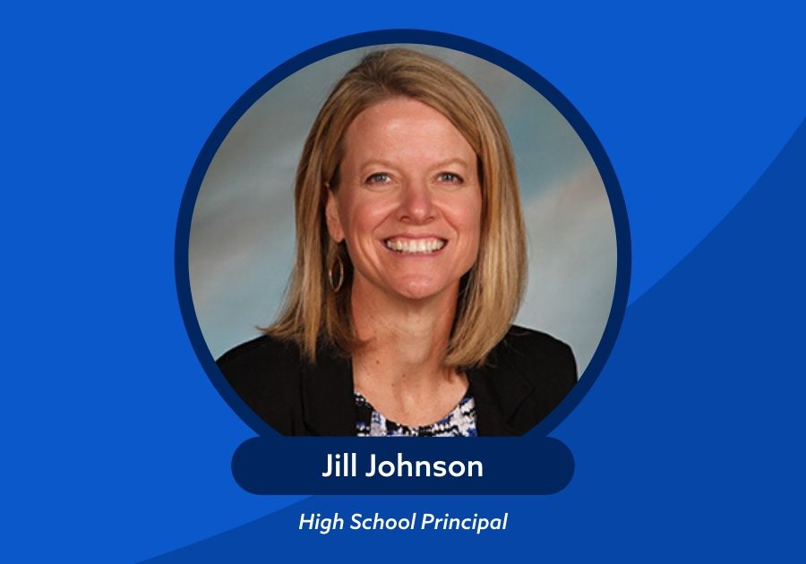 Photo of Jill Johnson and her title Assistant Principal on top of a green background with a swoosh