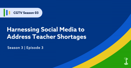 Dark Blue Digital Graphic with blue yellow green swoosh in bottom right corner with text that says Harnessing Social Media to Address Teacher Shortages
