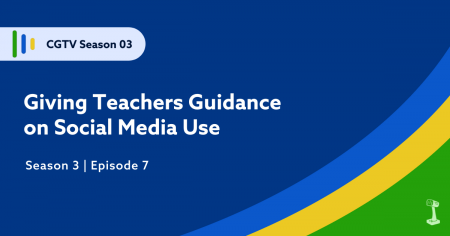 Dark Blue Digital Graphic with blue yellow green swoosh in bottom right corner with text that says Giving Teachers Guidance on Social Media Use