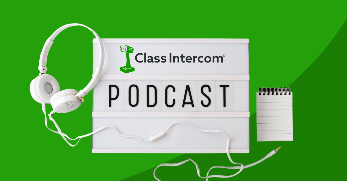 Green background with dark green swoosh in bottom right corner. White headphones and a sign that says podcast.