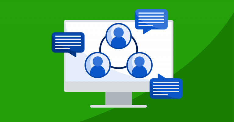 Green Background with Computer screen and three people collaborating