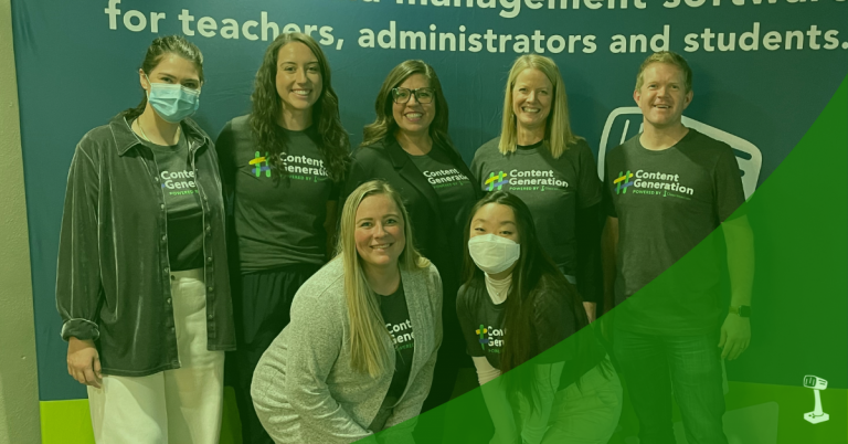 Photo of CGW organization team with green swoosh in bottom right hand corner