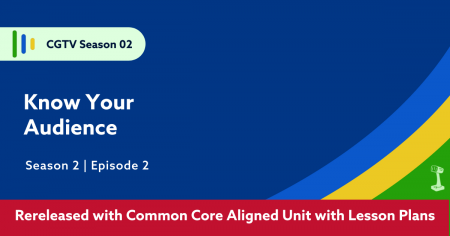 Blue background with green yellow and blue swoosh in bottom right corner. Title in white text "Know Your Audience" Bottom banner in red with text "Rereleased with Common Core Aligned Unite with Lesson Plans"