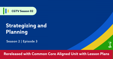 Blue background with green yellow and blue swoosh in bottom right corner. Title in white text "Strategizing and Planning" Bottom banner in red with text "Rereleased with Common Core Aligned Unite with Lesson Plans"