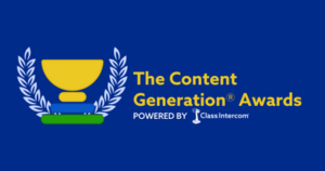 Dark blue background. "The Content Generation Awards: with a Trophy next to the heading.
