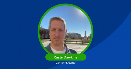 Blue background with light blue swoosh. Photo of Rusty Dawkins