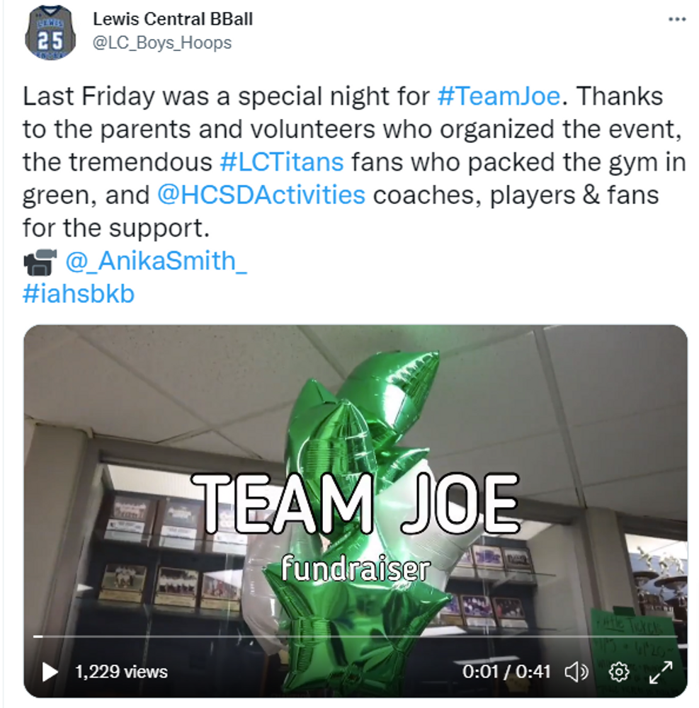 Facebook post by Anika celebrating #TeamJoe a fundraiser she covered for her school. Has post copy and a photo of a video she created.