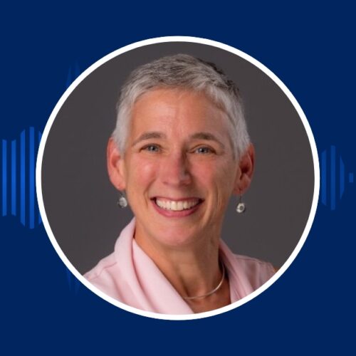 A headshot image of Cathy Kedjidjian with a blue background and lighter blue sound waves.