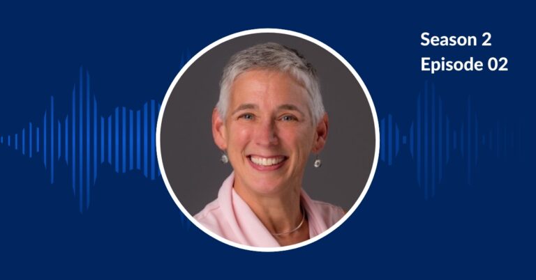 A headshot image of Cathy Kedjidjian with a blue background and lighter blue sound waves.