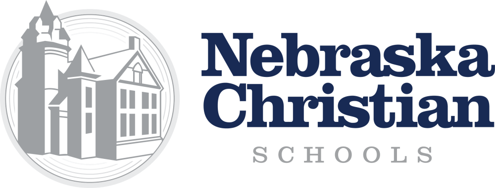 The logo for Nebraska Christian Schools, featuring a stylized grey illustration of a school building with a prominent tower on the left, enclosed in a circular emblem. To its right, the words "Nebraska Christian" are in large, bold dark blue letters, with "SCHOOLS" in smaller grey letters below.
