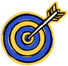 A hand-drawn style illustration of a bullseye target with alternating blue and yellow rings, and an arrow piercing the yellow center. The entire image has a yellow outline.