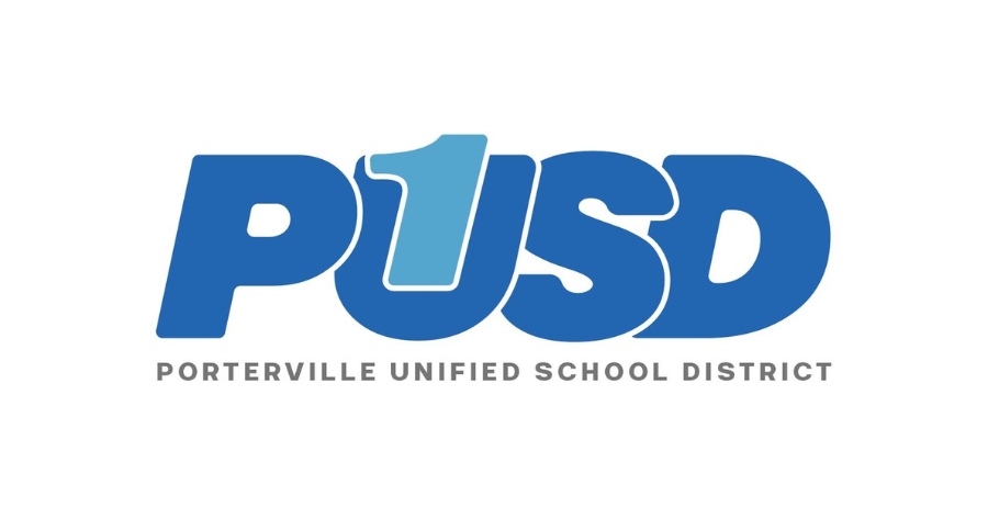 Porterville Unified School District logo featuring bold blue letters "PUSD" with a stylized number one integrated into the "U" and the full district name displayed below.