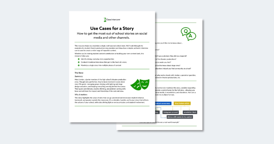 Preview of Class Intercom's 'Use Cases for a Story' downloadable resource, featuring tips on maximizing a single school story across social media and other communication channels.