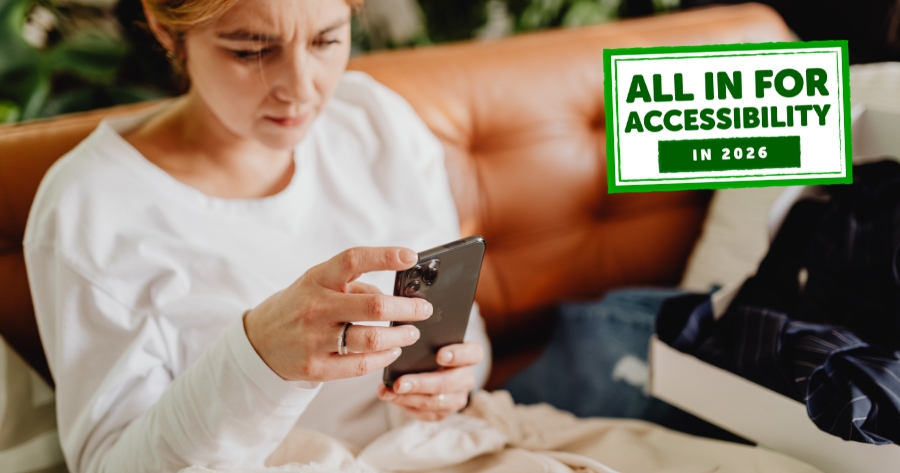 A person scrolling on a smartphone looks confused. There is a green “All In for Accessibility in 2026” banner, representing Class Intercom’s commitment to digital accessibility.