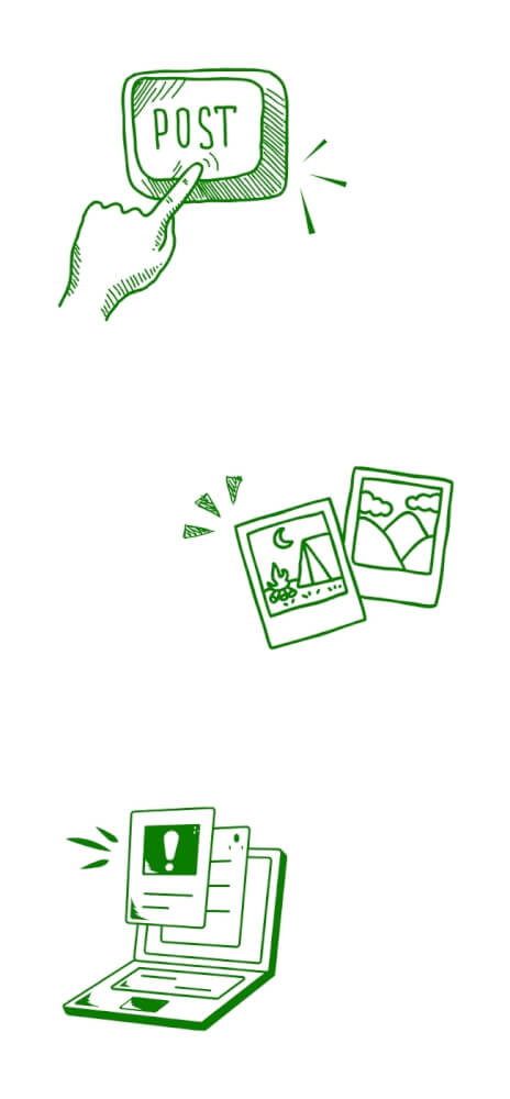 Green line illustrations showing a finger pressing a post button, sharing photos, and a laptop with content alerts — symbolizing digital content creation and sharing.
