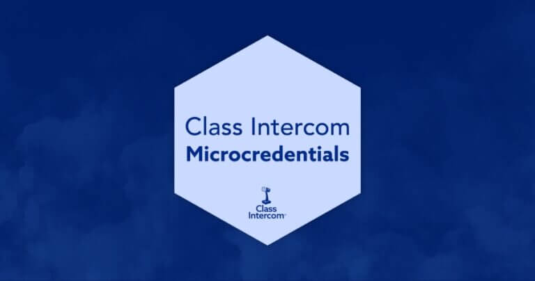 Class Intercom Microcredentials graphic featuring the Class Intercom logo on a blue background, representing digital learning and professional development badges for educators.