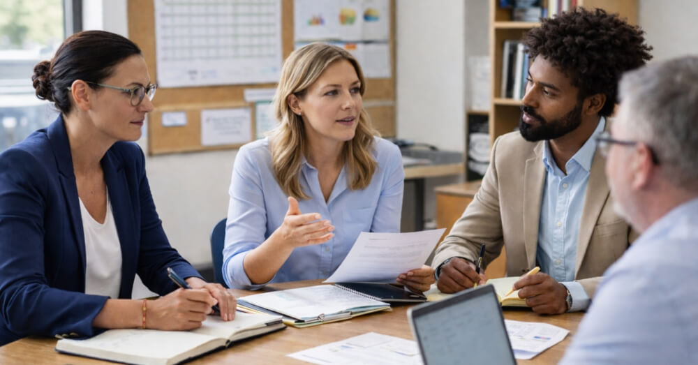 Four professionals seated around a table in discussion, with one woman speaking while the others listen and take notes during a collaborative meeting.