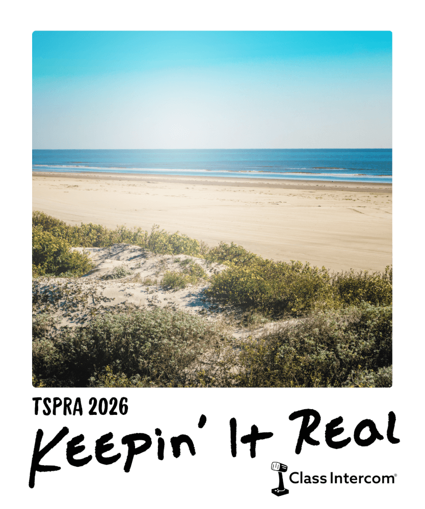 A polaroid picture of a beach with text written on the bottom reading "TSPRA 2026: Keepin' It Real" and "Class Intercom".
