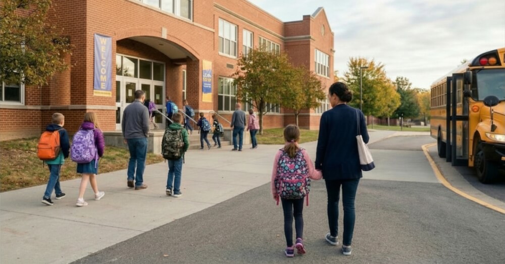 Students starting school, walking down a path.
