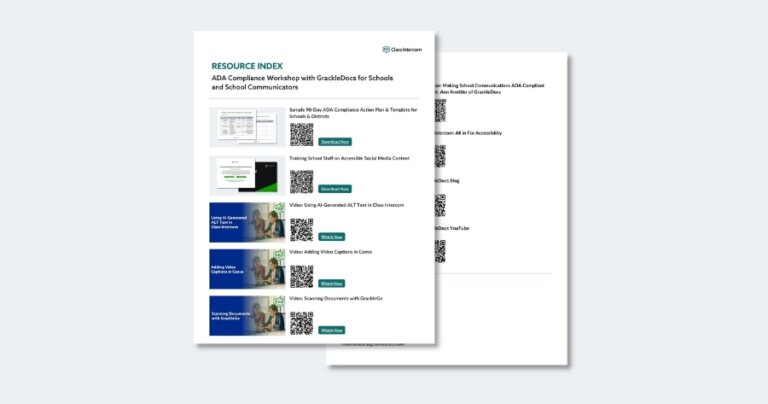 Resource index for the ADA compliance workshop with GrackleDocs, covering accessibility tools for school communicators.