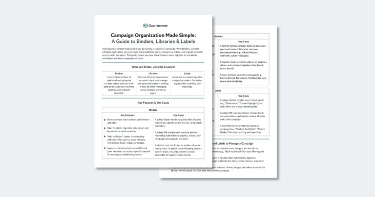 Guide to organizing school social media campaigns using binders, content libraries, and labeling systems.