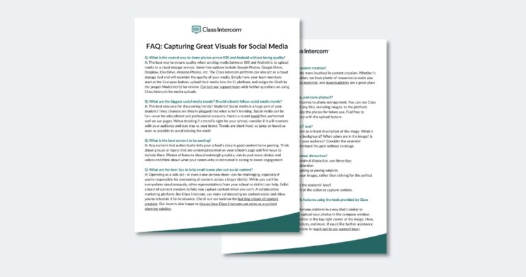 FAQ answering common questions about capturing great visuals for school social media posts.