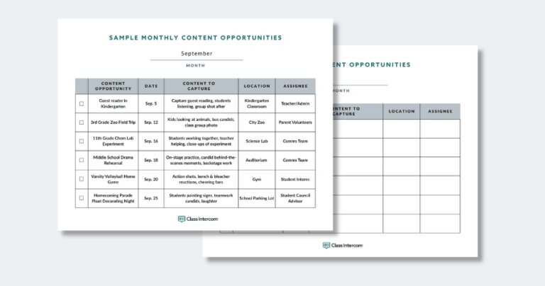 Monthly planner for capturing school stories and content opportunities throughout the year.