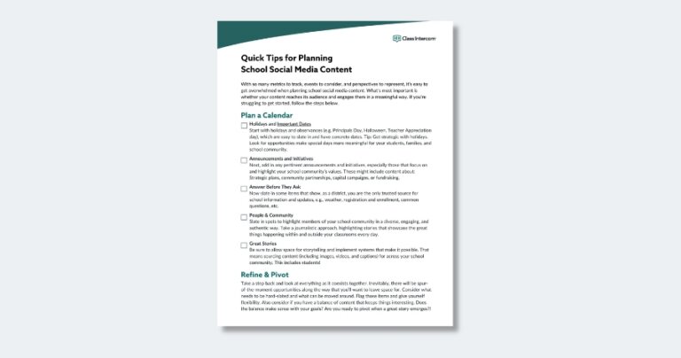 Quick tips for planning school social media content: build a calendar around holidays, announcements, community stories, and refine as you go.