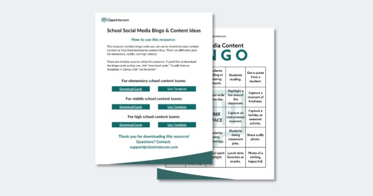 Bingo card with school social media content ideas for teams looking for post inspiration.