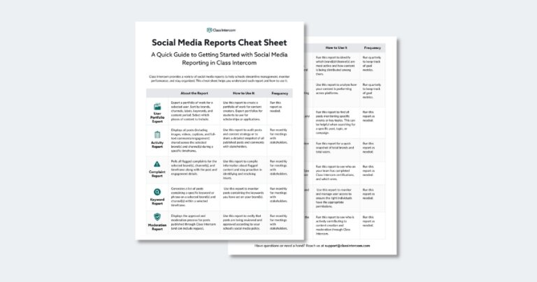 Cheat sheet outlining key metrics and tips for building school social media reports.