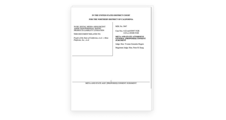 A preview image of the Meta and State AGs' Consent Agreement from August 26, 2026 in full text PDF format.
